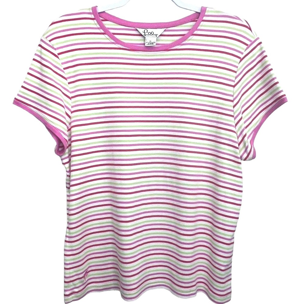 Lilly Pulitzer Striped T-Shirt Pink Green White XL Pima‎ Cotton Short Sleeve Top